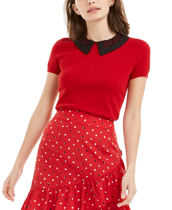 Maison Jules Women's Short Sleeve Peter Pan Collar Sweater Red Size X-Large