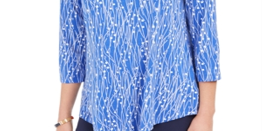 JM Collection Women's 3/4 Sleeve Printed Top Box Lines Blue Size X-Small