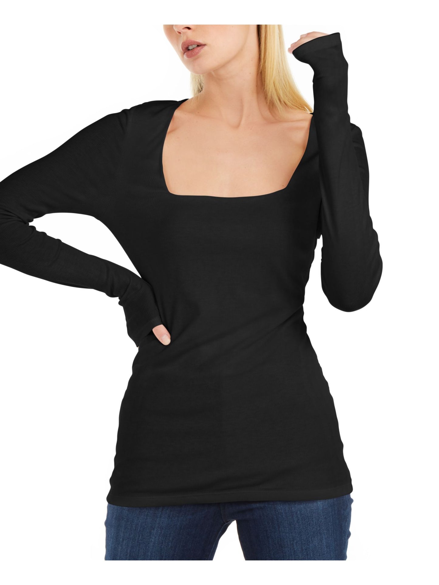 INC International Concepts Womne's Square Neck Ribbed Top Black Size Medium