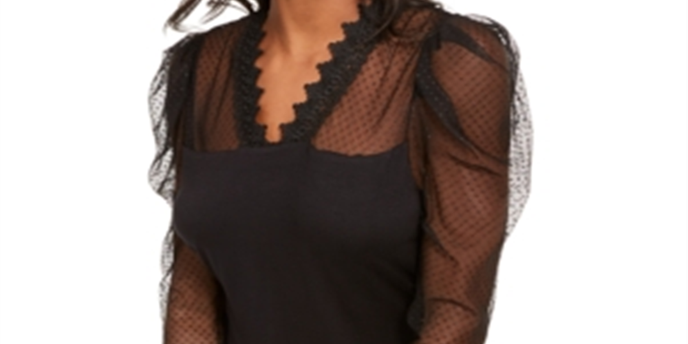 INC International Concepts Women's Illusion Puff Sleeve Top Black Size XS