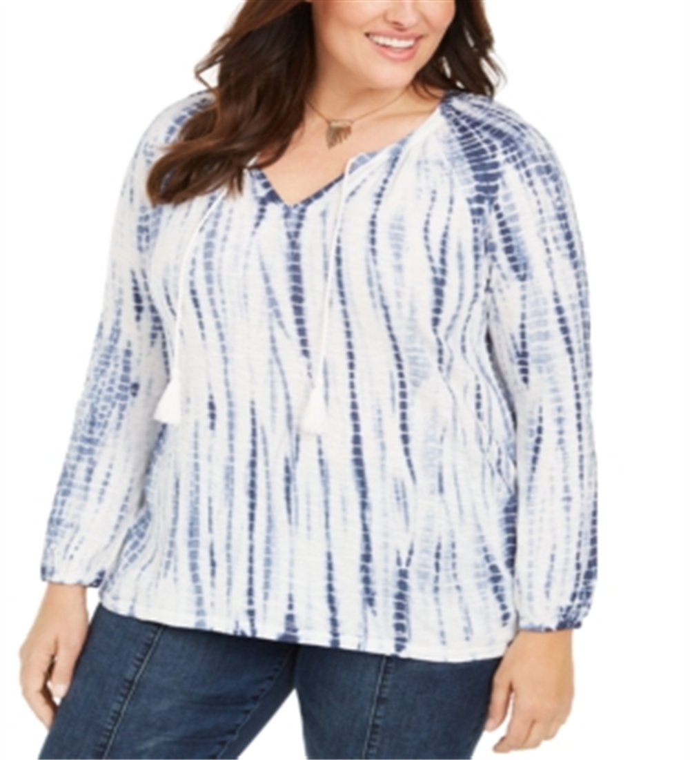 Style & Co Women's Cotton Tie Dyed Peasant Top Blue Size 3X