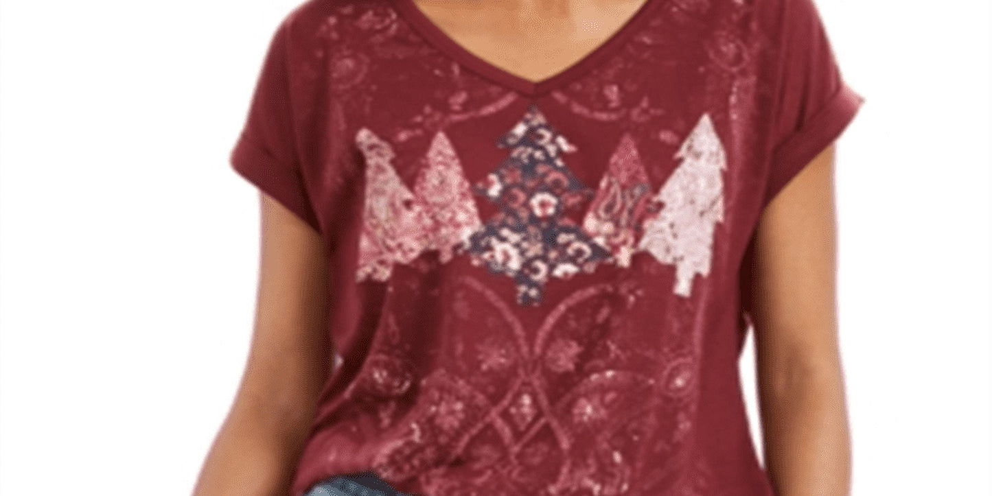 Style & Co Women's Red Tree Graphic Top Size Petite