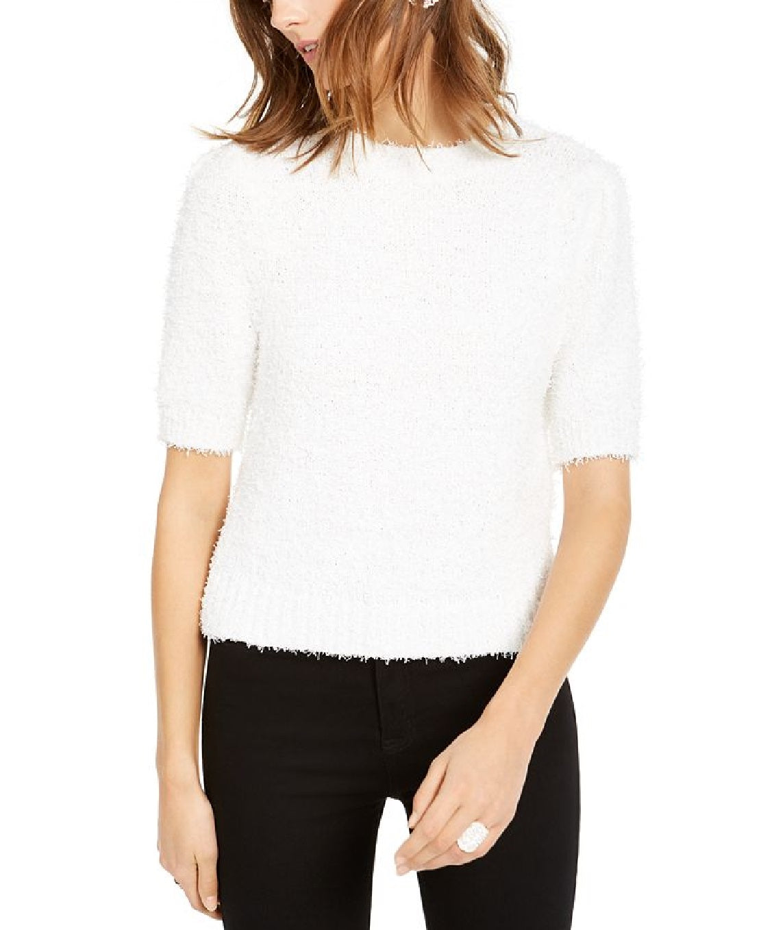 INC International Concepts Women's Short Sleeve Puff Sweater White Size Small