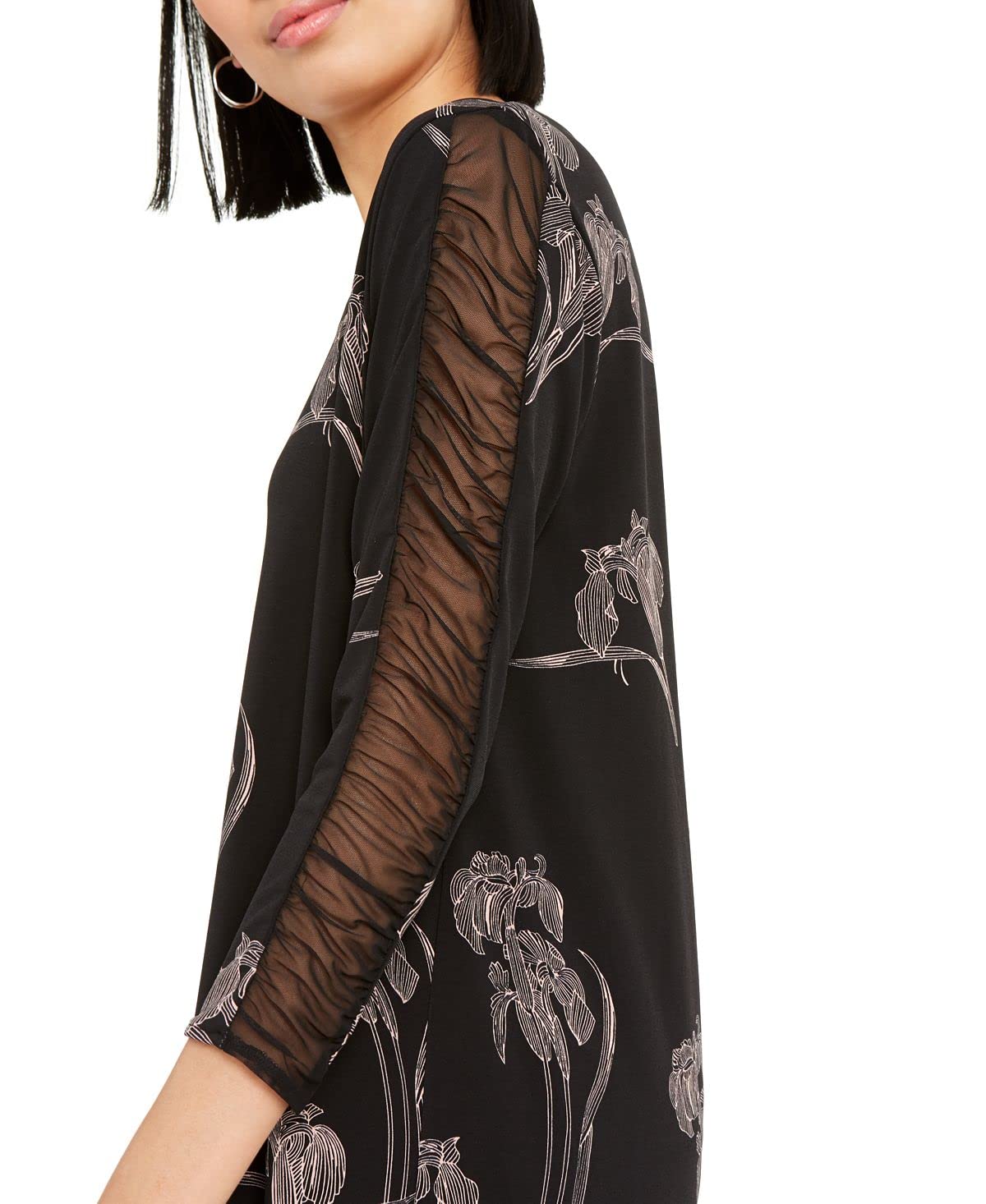 Alfani Women's Black Floral Print Ruched Sleeve Top Size Large