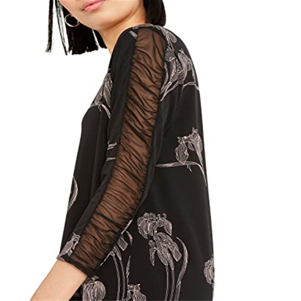Alfani Women's Black Floral Print Ruched Sleeve Top Size Large