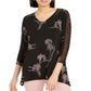 Alfani Women's Black Floral Print Ruched Sleeve Top Size Large