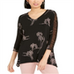 Alfani Women's Black Floral Print Ruched Sleeve Top Size Large