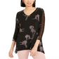 Alfani Women's Black Floral Print Ruched Sleeve Top Size Large