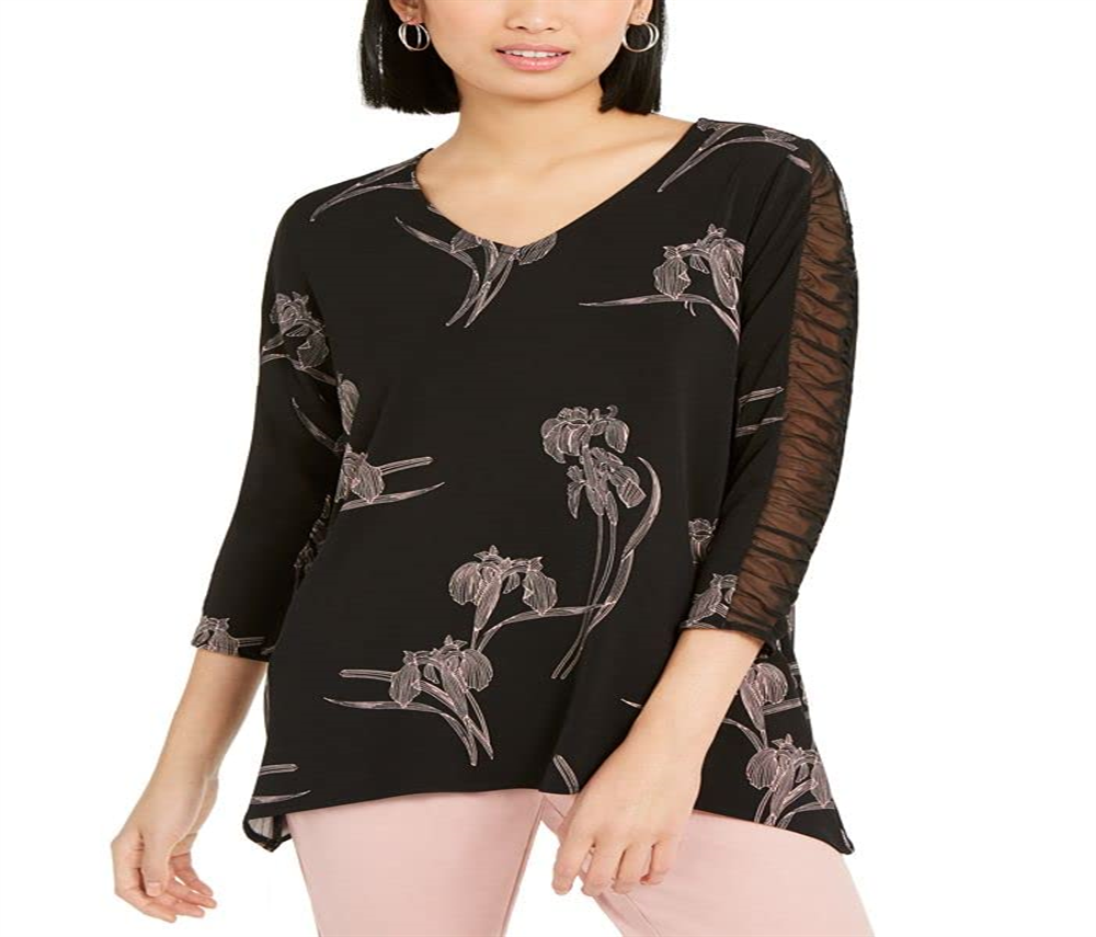 Alfani Women's Black Floral Print Ruched Sleeve Top Size Large