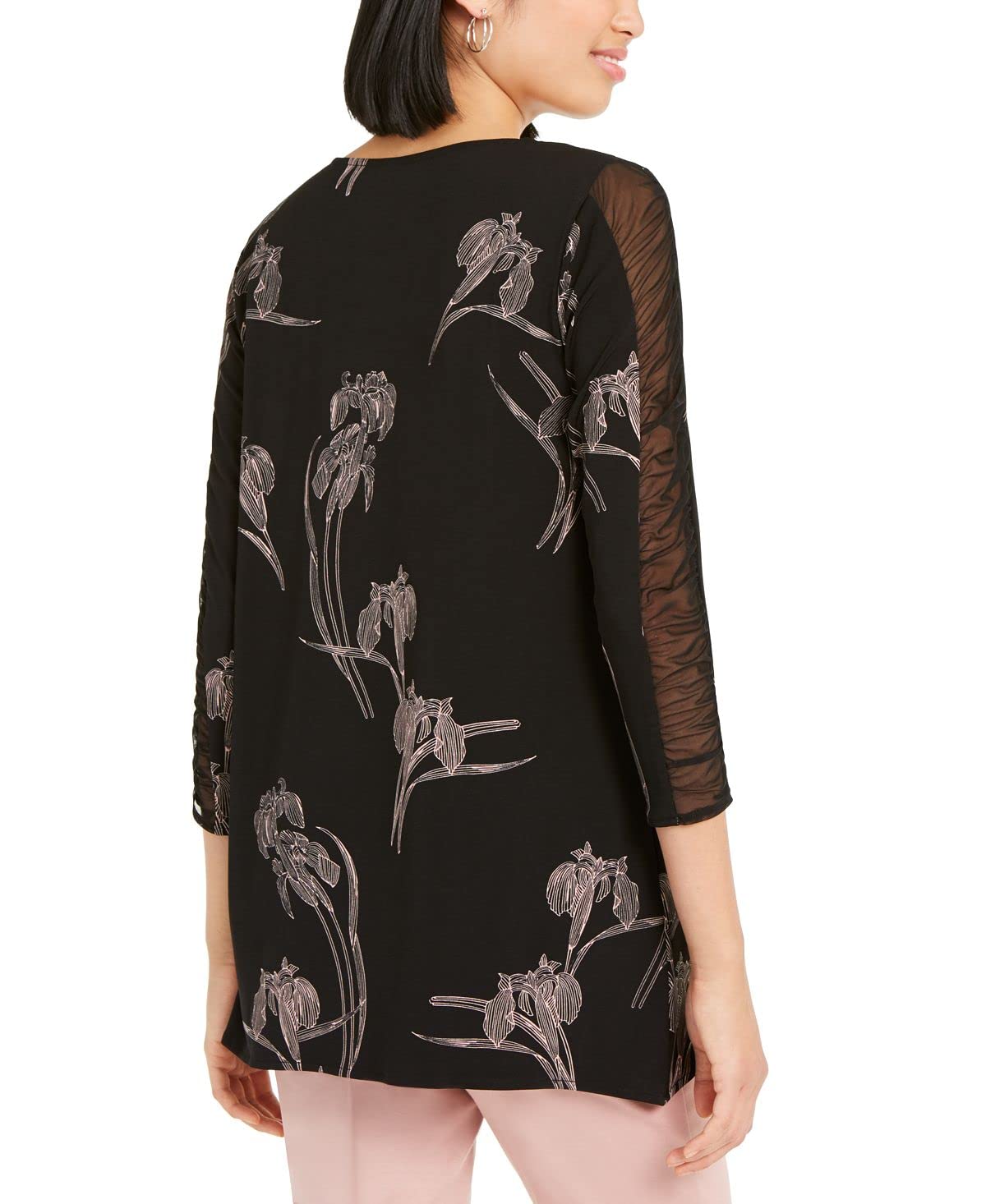 Alfani Women's Black Floral Print Ruched Sleeve Top Size Large