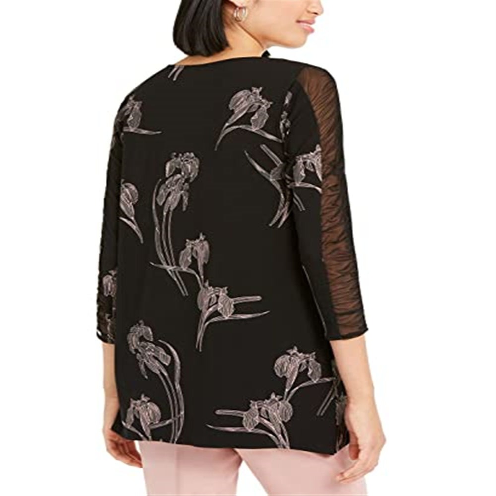Alfani Women's Black Floral Print Ruched Sleeve Top Size Large