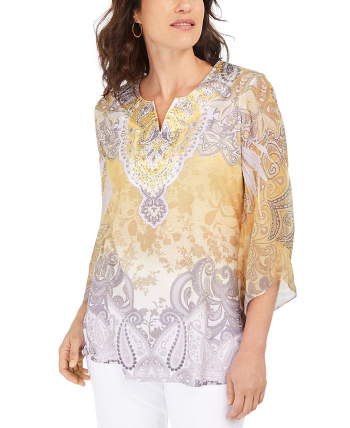 JM Collection Women's Embellished Split Neck Top Yellow Size Small