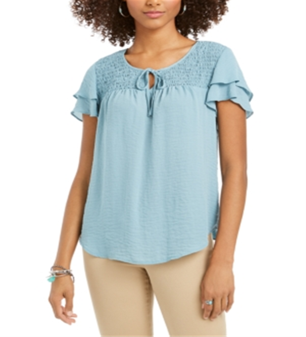 Style & Co Women's Smocked Flutter Sleeve Top Blue Size Medium