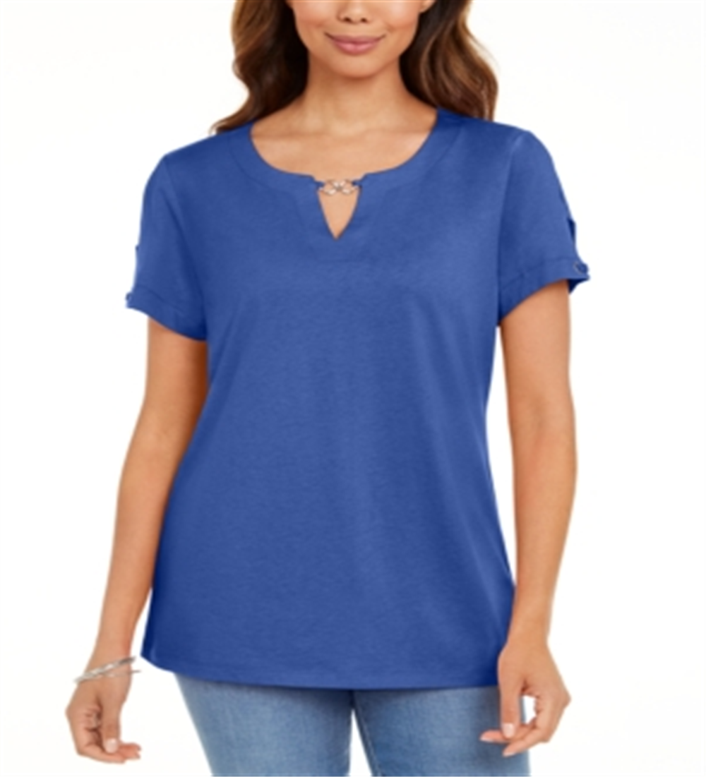 Karen Scott Women's Keyhole T-Shirt Blue Size Medium