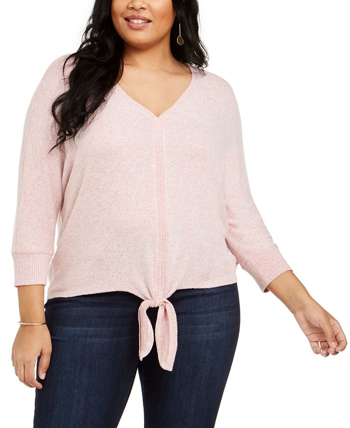 Style & Co Women's Plus Tie Hem Sweater Pink Size 0X