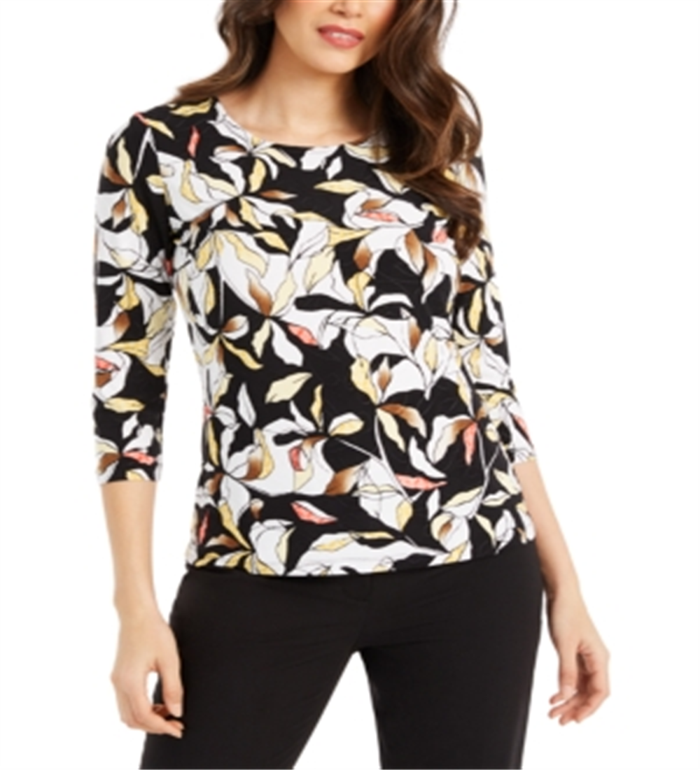 JM Collection Women's Floral Print Scoop Neck Jacquard Top Black/Yellow Size Small