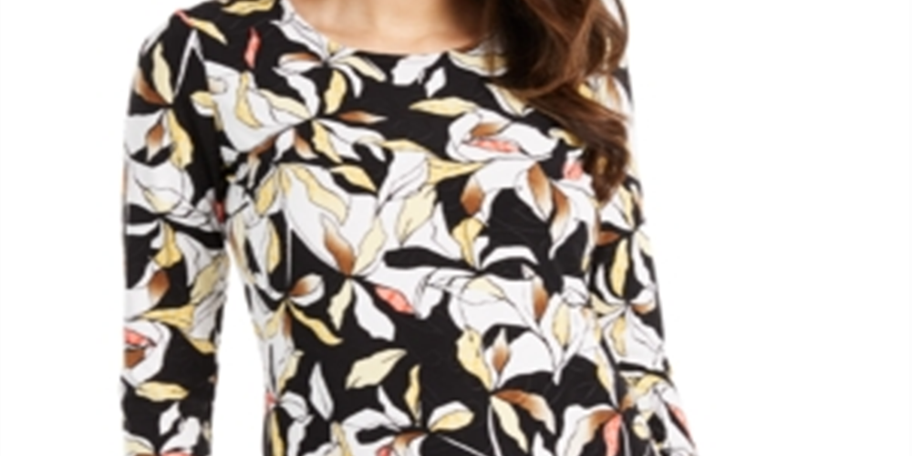 JM Collection Women's Floral Print Scoop Neck Jacquard Top Black/Yellow Size Small