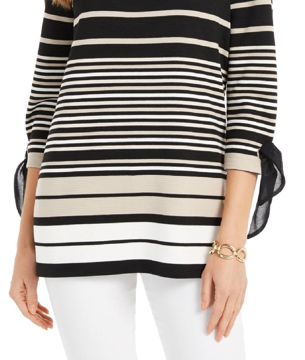 Charter Club Women's Striped Tie Sleeve Top Black Size Petite X-Large