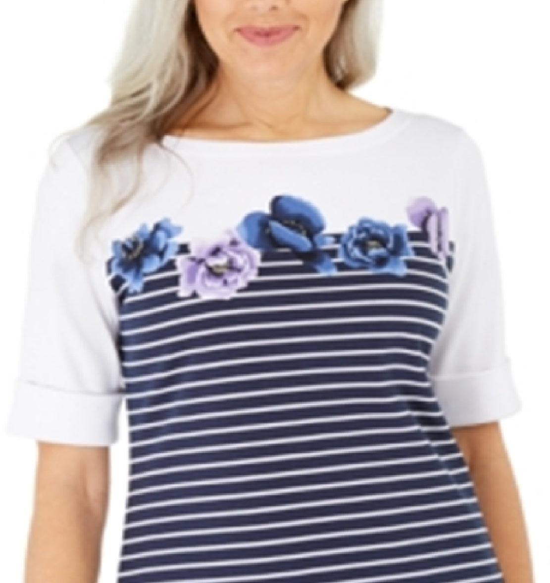 Karen Scott Women's Printed Elbow Sleeve Top Blue Size Large