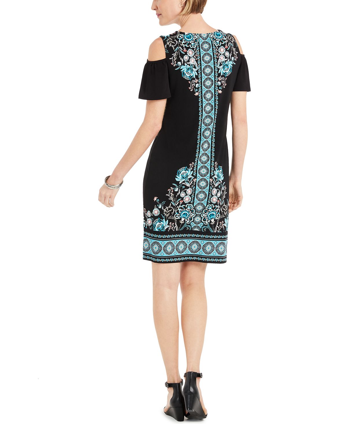 JM Collection Women's Printed Cold Shoulder Hot Fix Dress Black Size X-Large