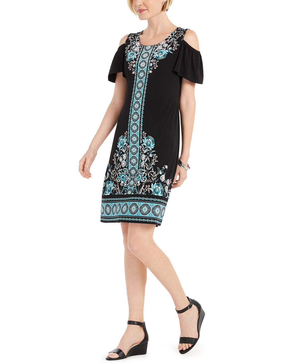 JM Collection Women's Printed Cold Shoulder Hot Fix Dress Black Size X-Large