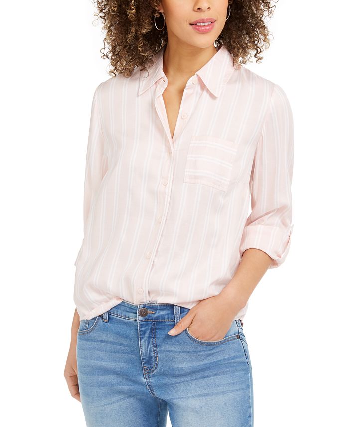 Style & Co Women's One Pocket Striped Shirt Pink Size Medium