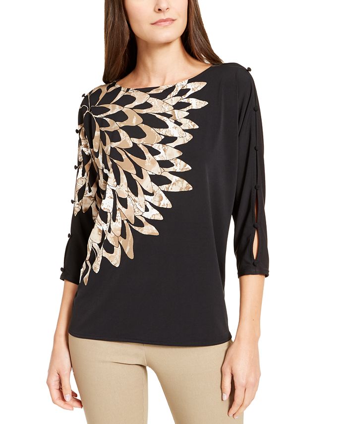 Alfani Women's Printed Button Sleeve Top Brown Size Medium