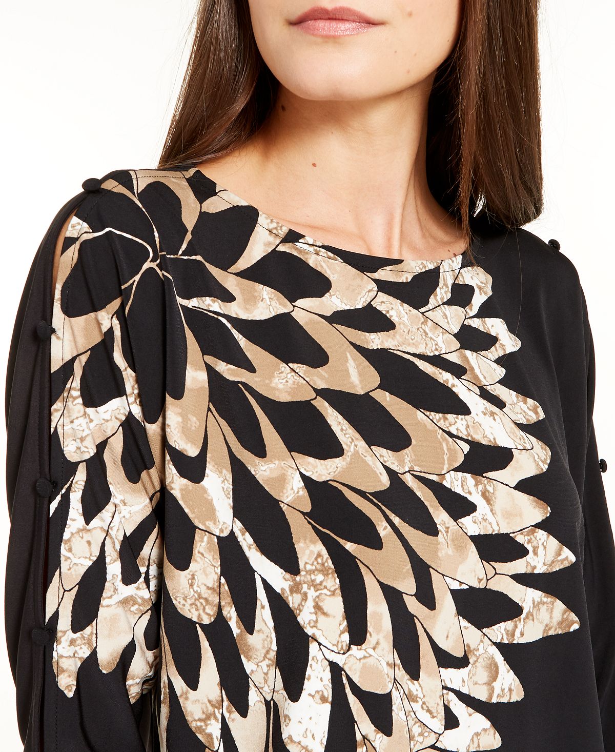 Alfani Women's Printed Button Sleeve Top Brown Size Medium