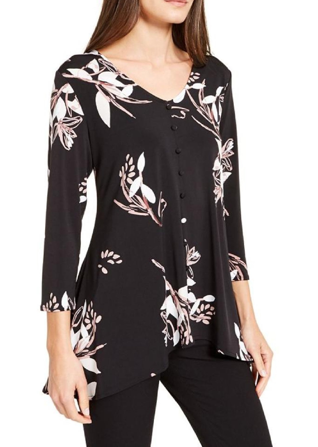 Alfani Women's Printed Button Trim Top Black Size Petite Small