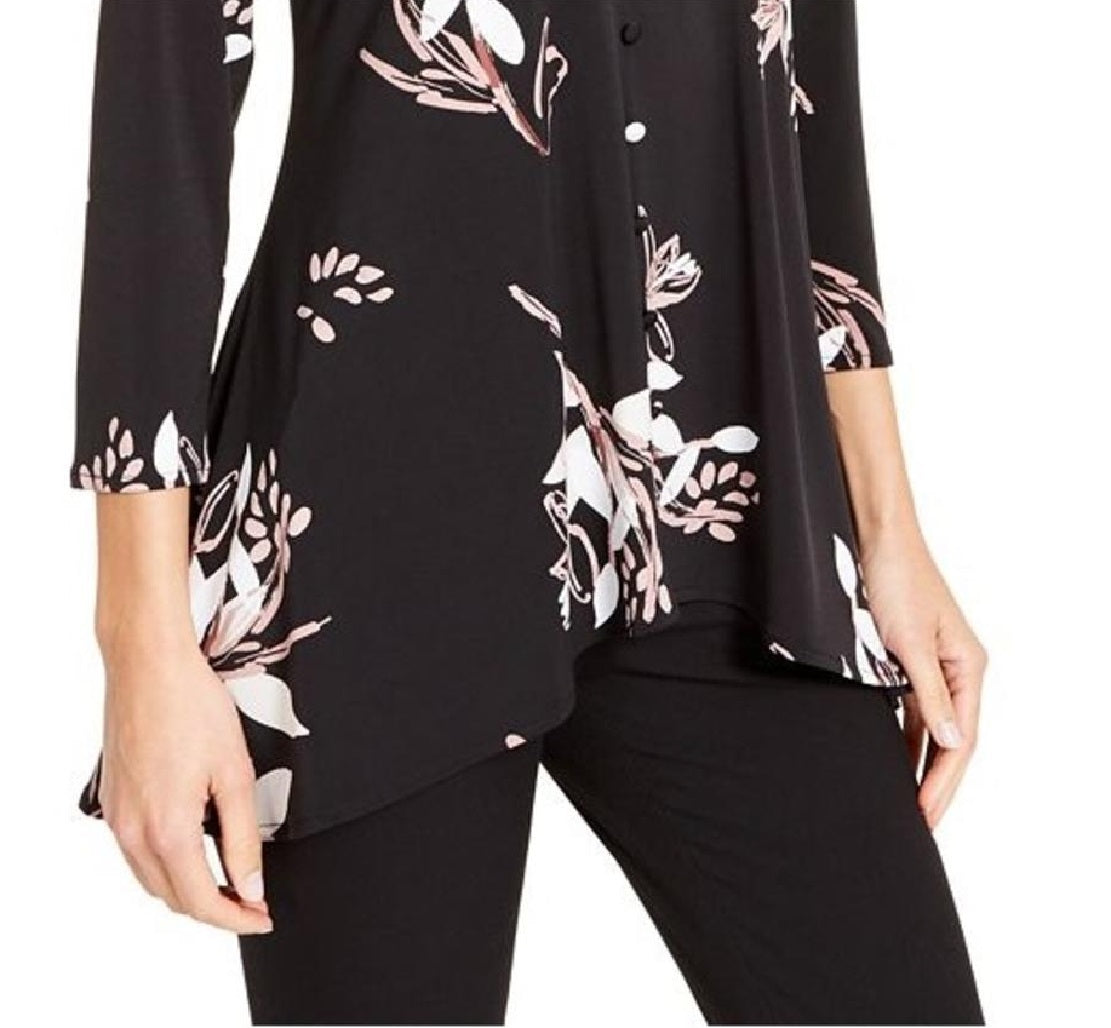 Alfani Women's Printed Button Trim Top Black Size Petite Small