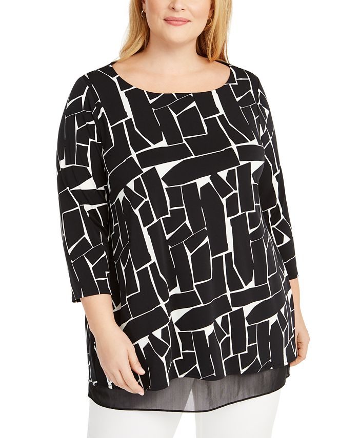 Alfani Women's Plus Printed Mesh Underlay Top Black Size 1X