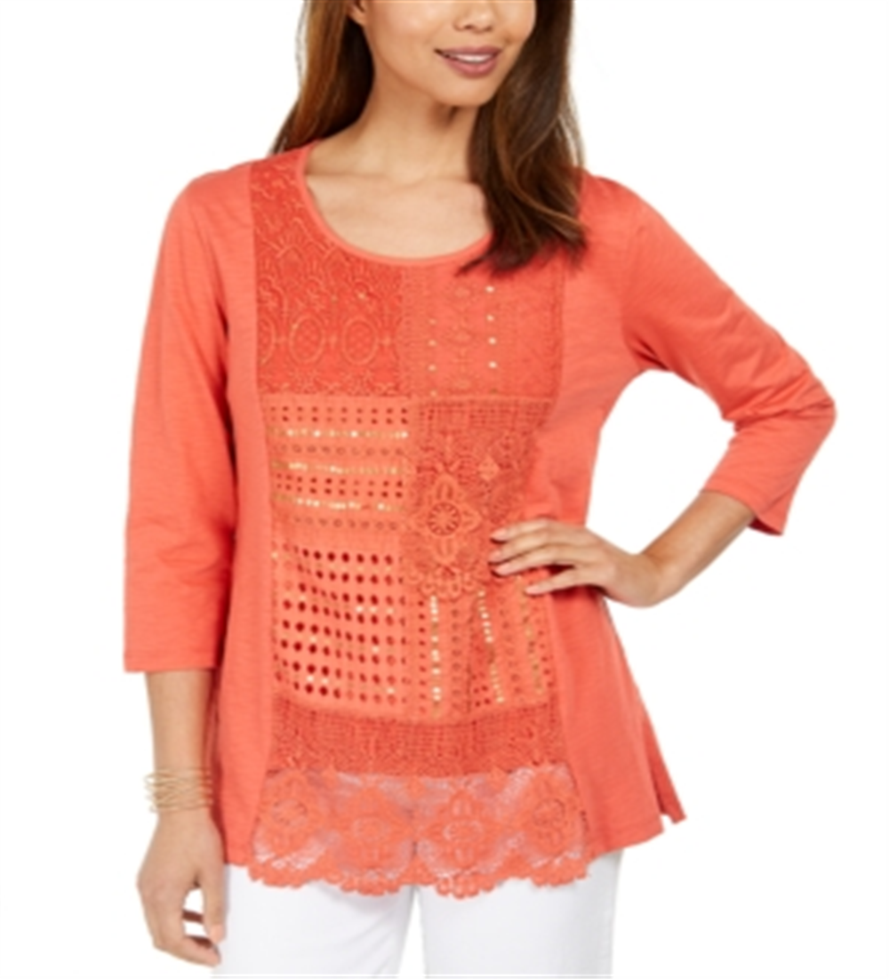 JM Collection Women's Cotton Crochet Patchwork Top Orange Size X-Small