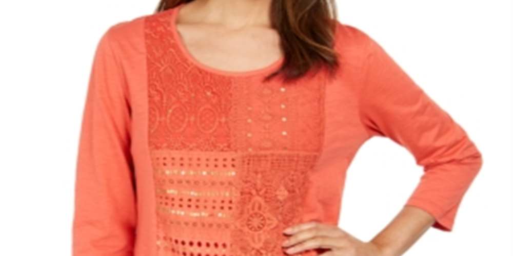 JM Collection Women's Cotton Crochet Patchwork Top Orange Size X-Small