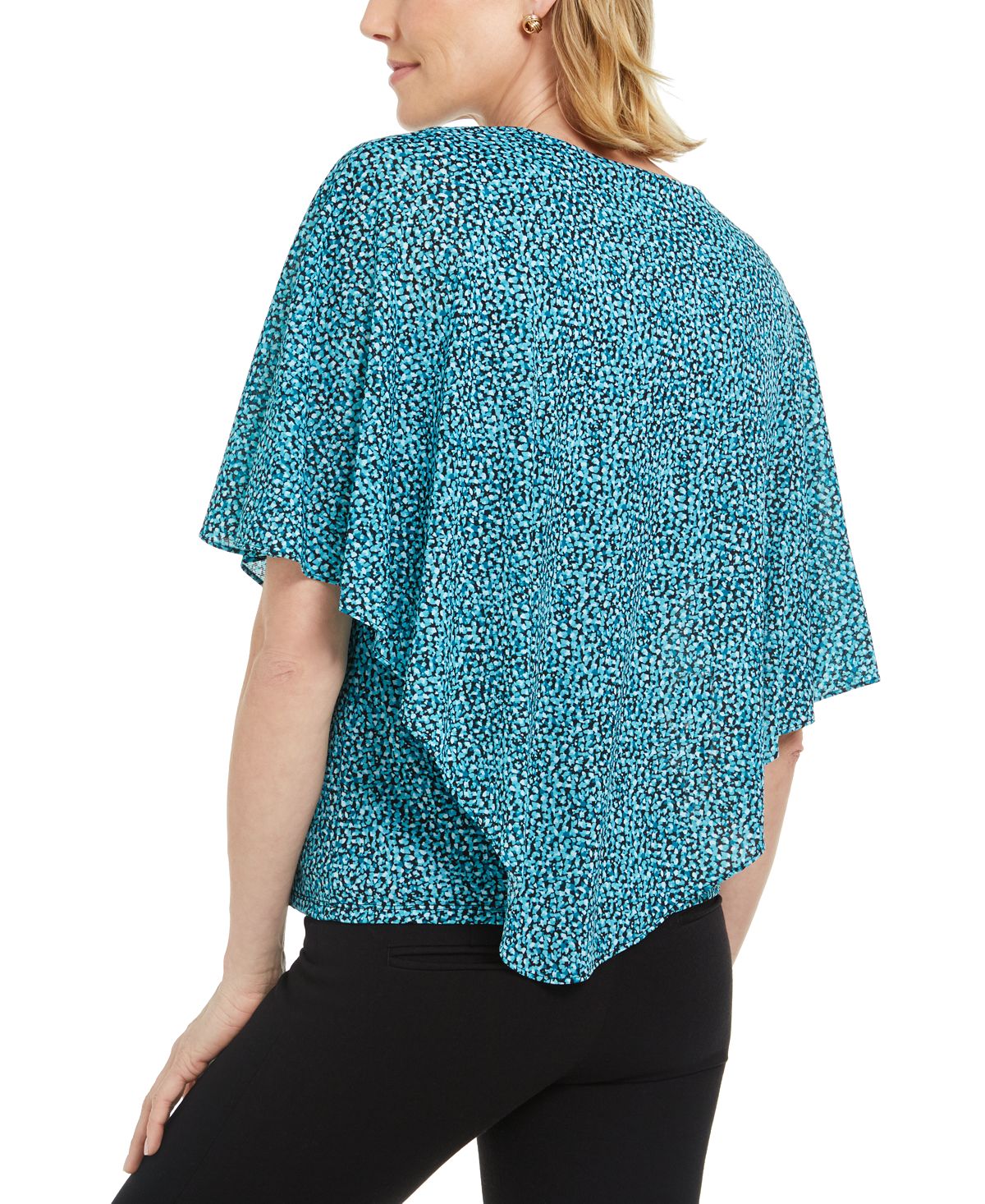JM Collection Women's Printed V Neck Asymmetrical Overlay Top Blue Size X-Large