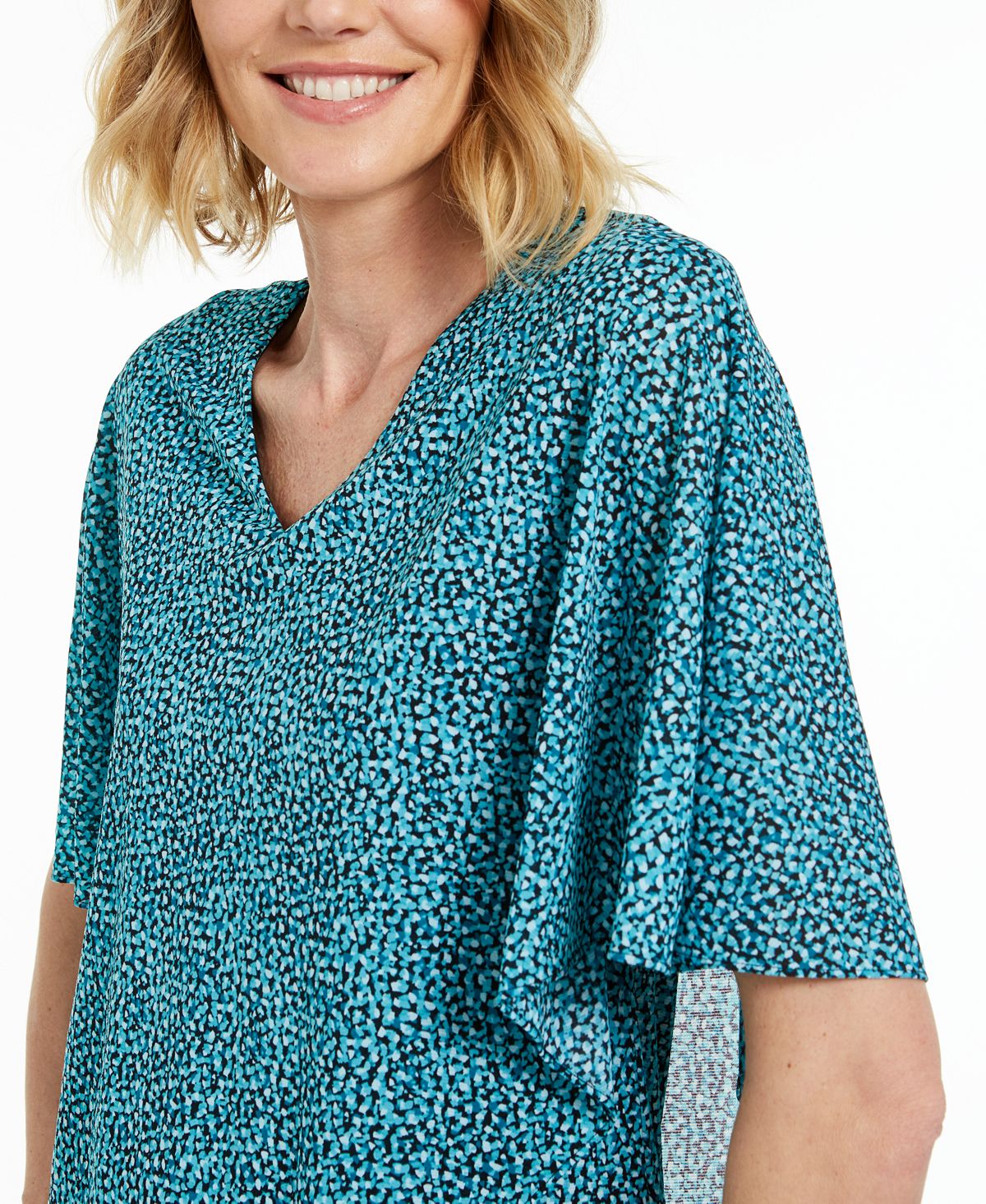 JM Collection Women's Printed V Neck Asymmetrical Overlay Top Blue Size X-Large