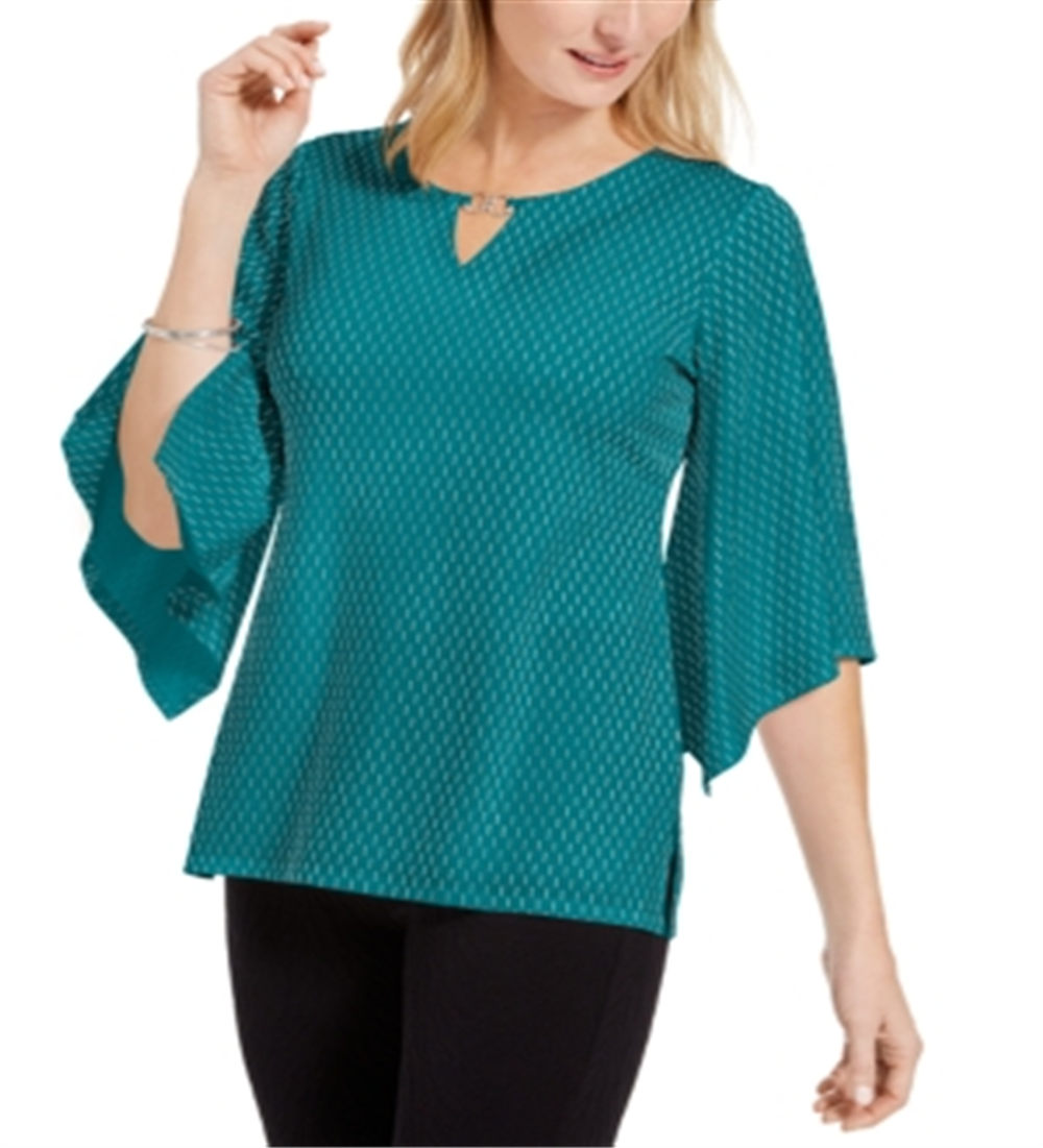 JM Collection Women's Embellished Flared Sleeve Top Green Size Medium