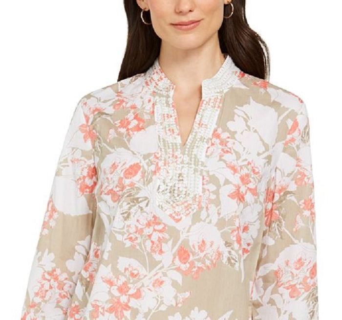 Charter Club Women's Printed Embroidered Voile Linen Blend Tunic Brown Size XX-Large