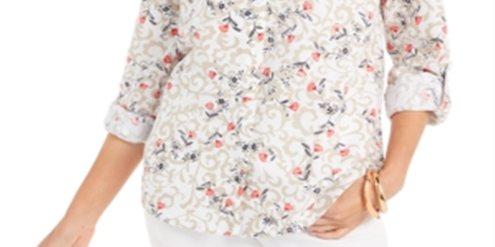 Charter Club Women's Floral Print Tab Sleeve Linen-Blend Shirt White Size Medium