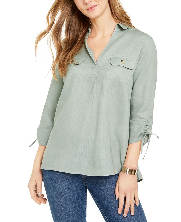 Charter Club Women's Woven Drawstring Tie Cuff Top Green Size X-Small