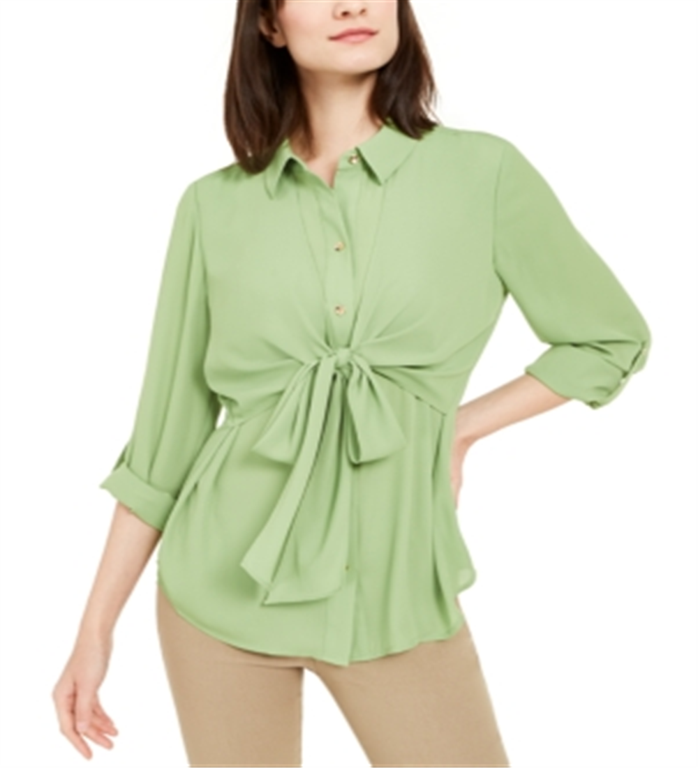 Alfani Women's Tie Waist Roll Tab Sleeve Top Green Size X-Large