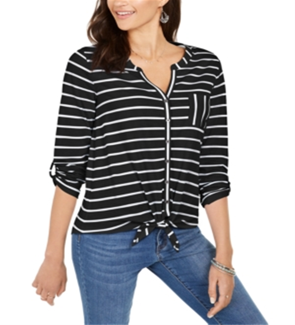 Style & Co Women's Printed Tie Front Top Black Size Medium