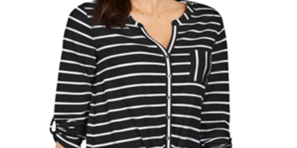 Style & Co Women's Printed Tie Front Top Black Size Medium
