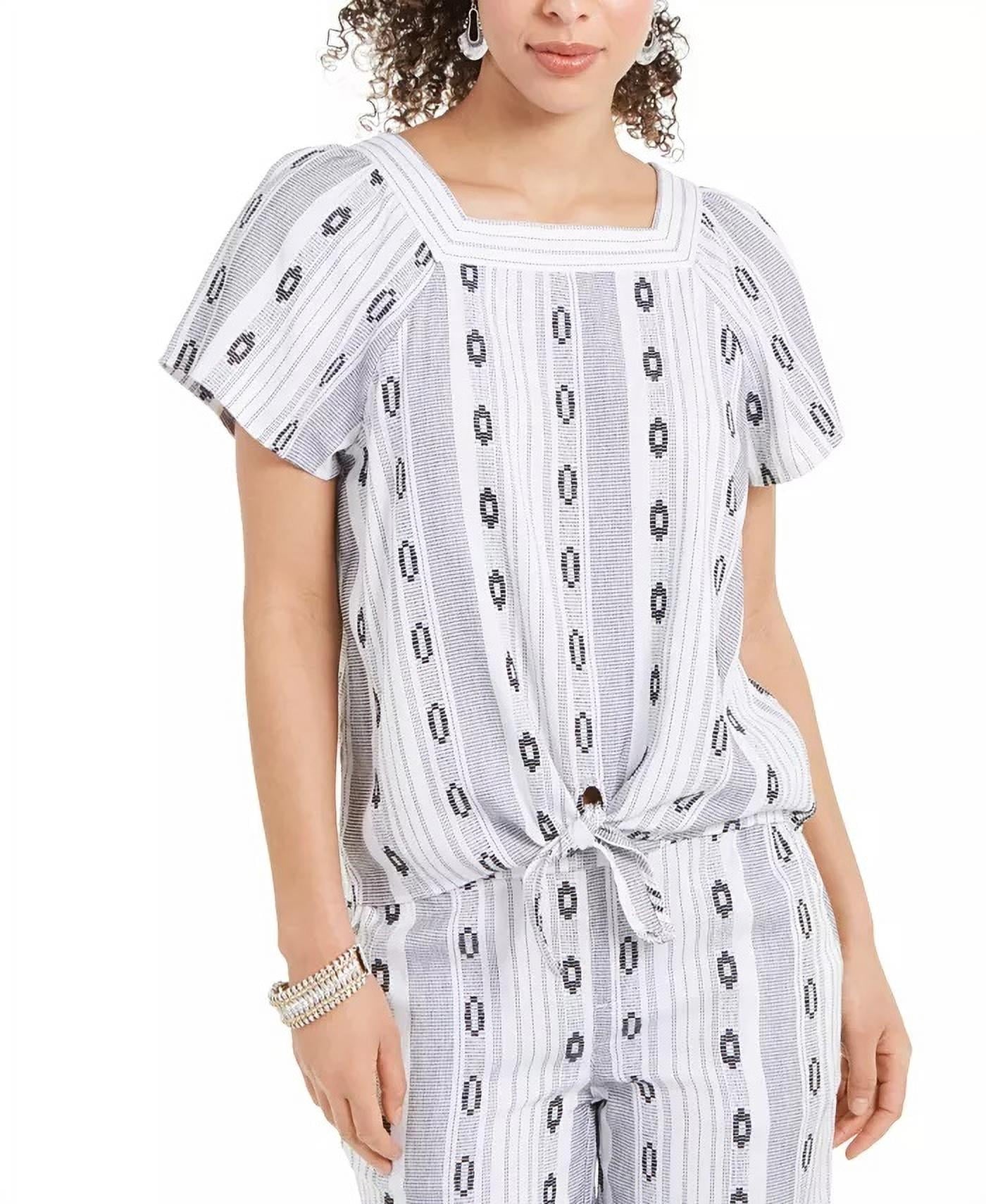 Style & Co Women's Navy Printed Tie-Front Top Size Large