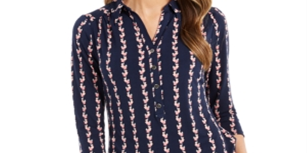Charter Club Women's 3/4 Sleeve Printed Polo Top Blue Size Medium