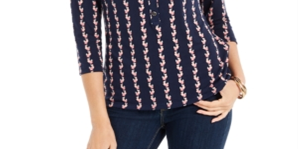 Charter Club Women's 3/4 Sleeve Printed Polo Top Blue Size Medium