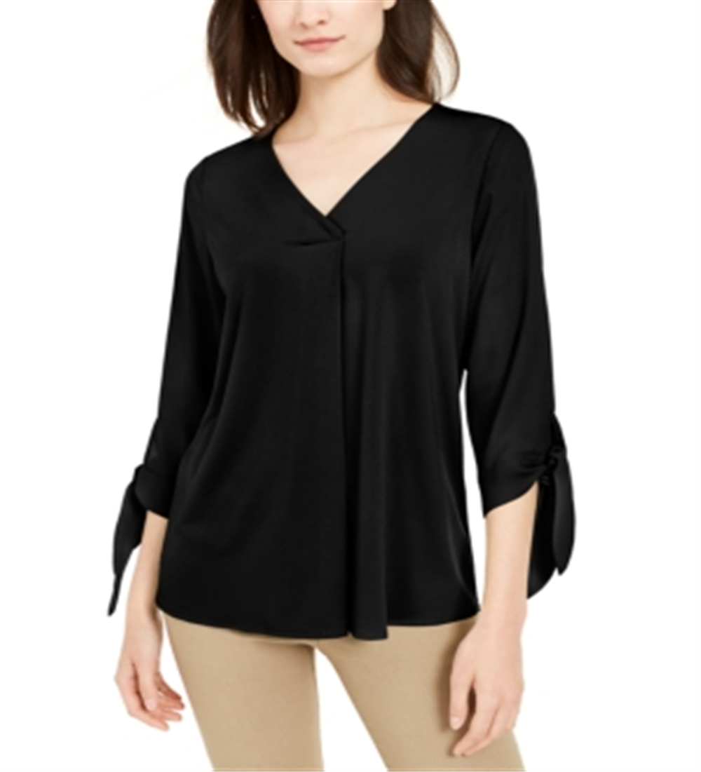 Alfani Women's Tie Solid 3/4 Sleeve V Neck Top Black Size Large