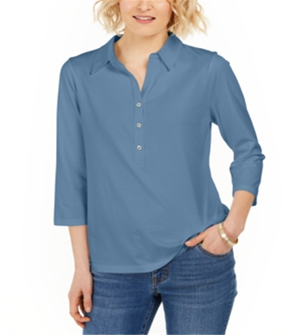 Charter Club Women's Supima Cotton 3/4 Sleeve Polo Blue Size X-Small