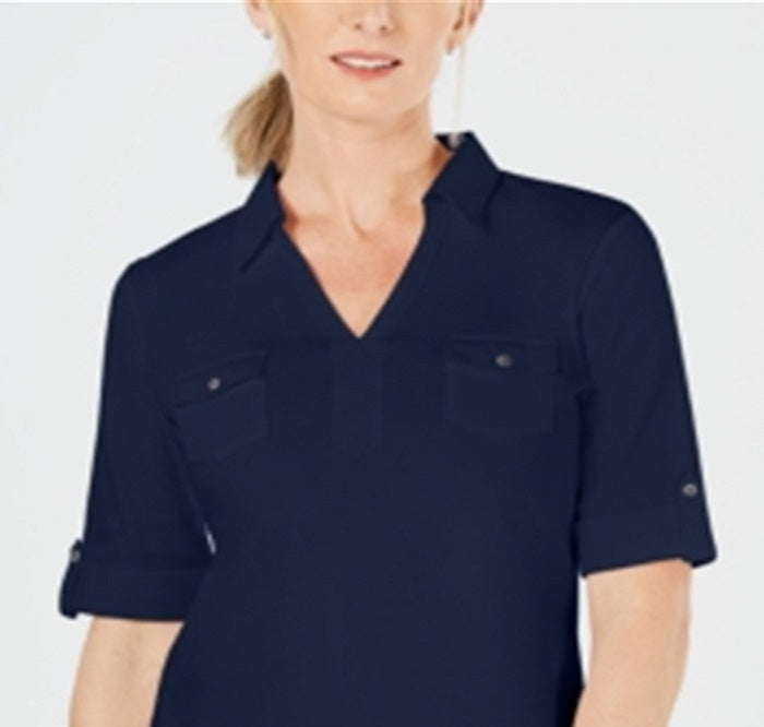 Karen Scott Women's Cotton Johnny Collar Top Blue Size X-Small
