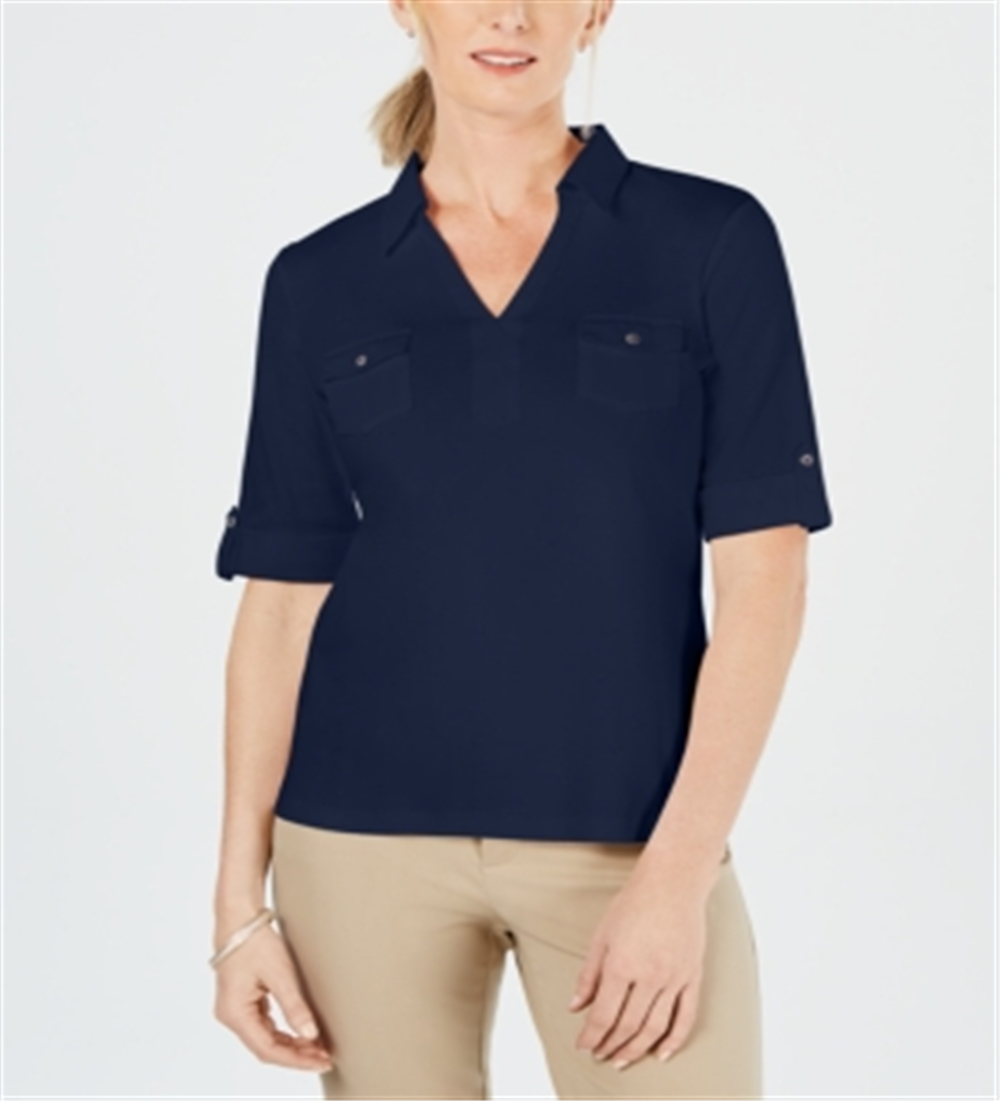 Karen Scott Women's Cotton Johnny Collar Top Blue Size X-Small