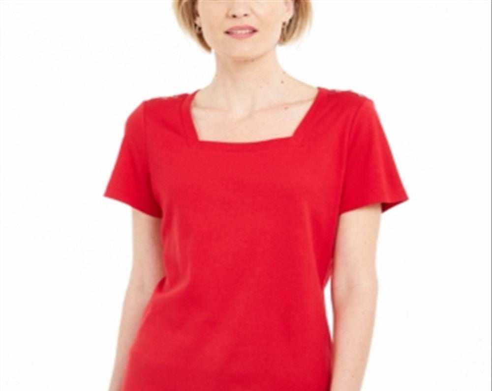 Karen Scott Women's Cotton Square Neck T-Shirt Red Size XX-Large